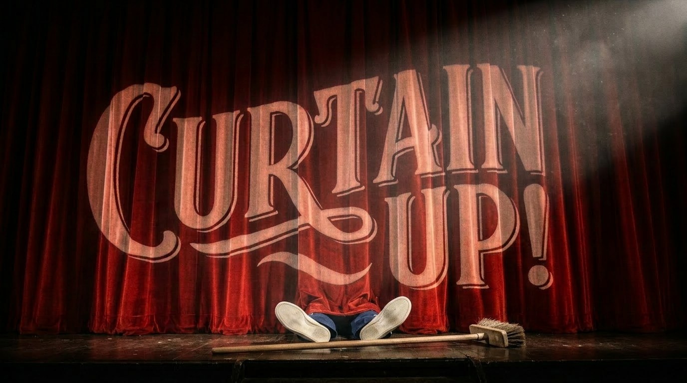 Curtain Up! title art: an usher lies face-down on stage beneath a red velvet curtain, the show title projected above him.